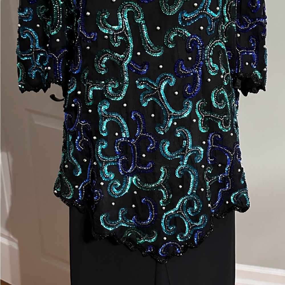 Laurence Kazar Embellished Green and Blue 3/4 Sleeve Blouse